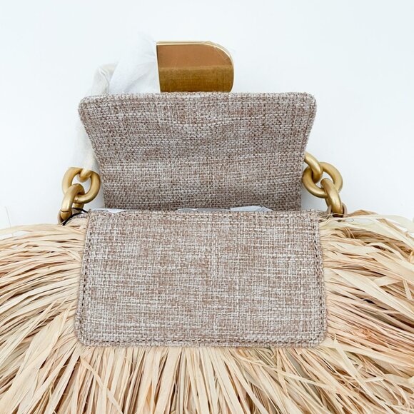 Brandon Blackwood Micro Nia Bag in Beige Linen with Fringed Wicker and Gold Bras - Picture 8 of 14